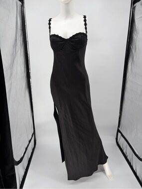 Princess Polly Black Satin Lace-Trim Slip Dress